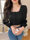 Solid Color Short Puff Sleeve Long Sleeve T-Shirt