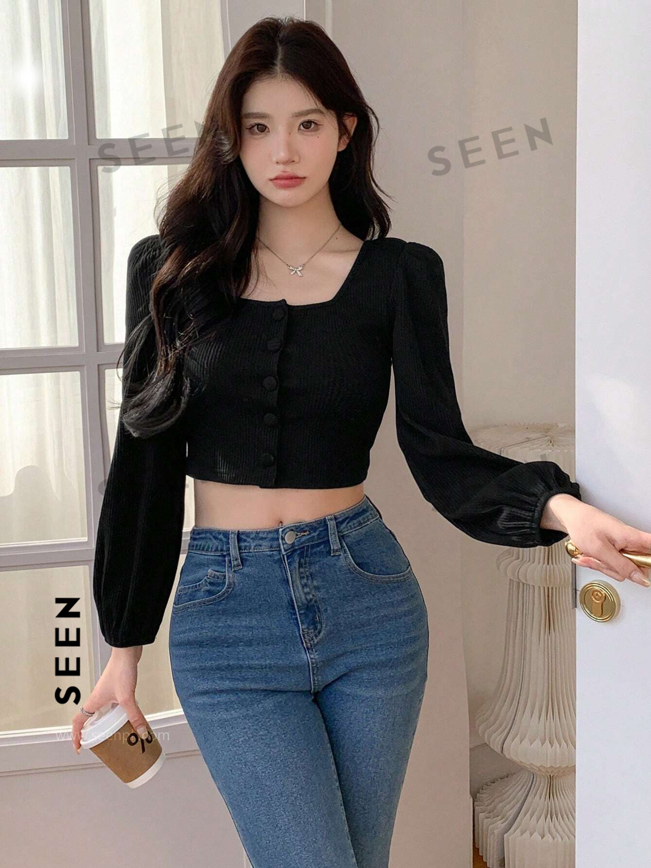 Solid Color Short Puff Sleeve Long Sleeve T-Shirt