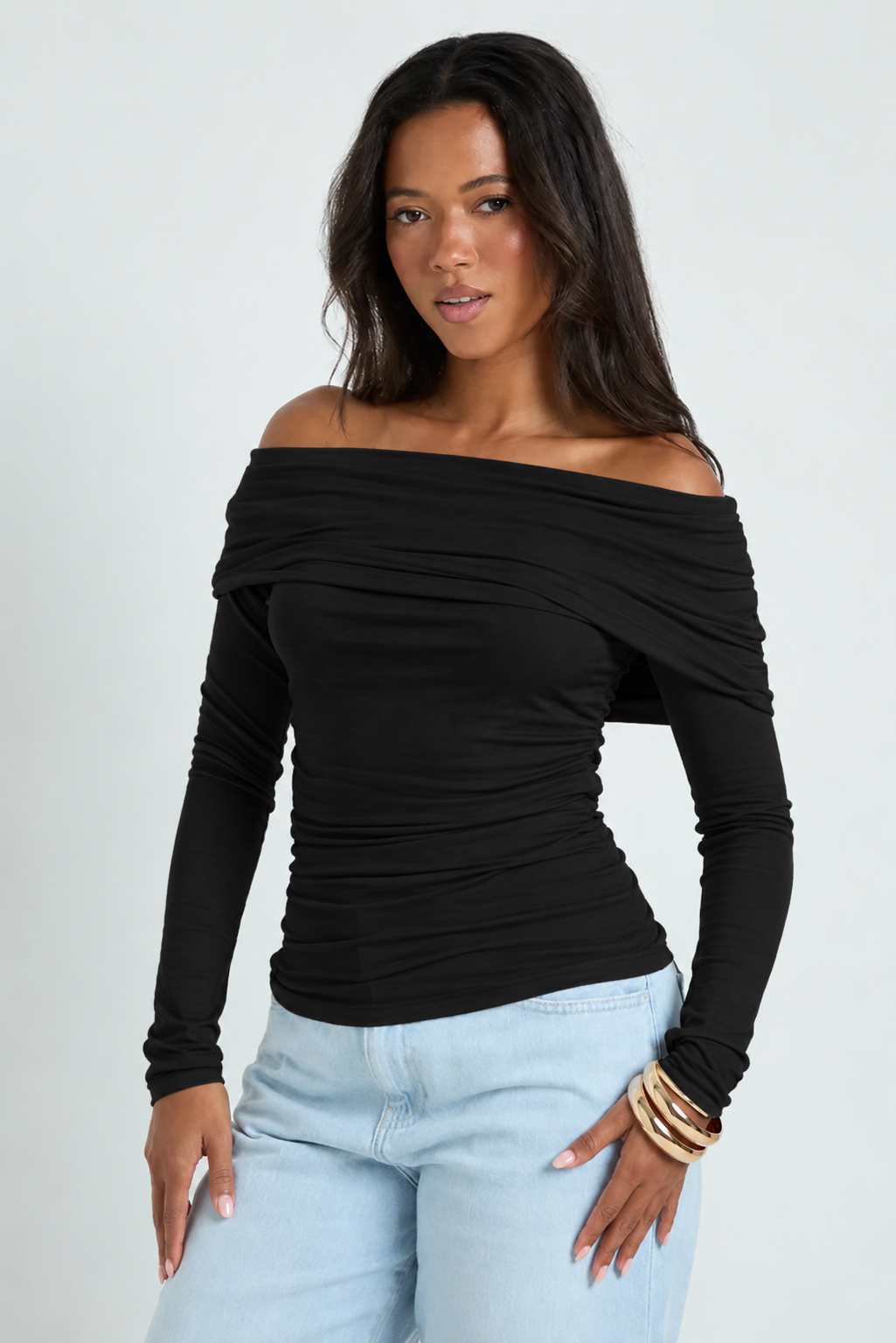 Women's Fold-Over Off-Shoulder Ruched Long-Sleeve Crop Top