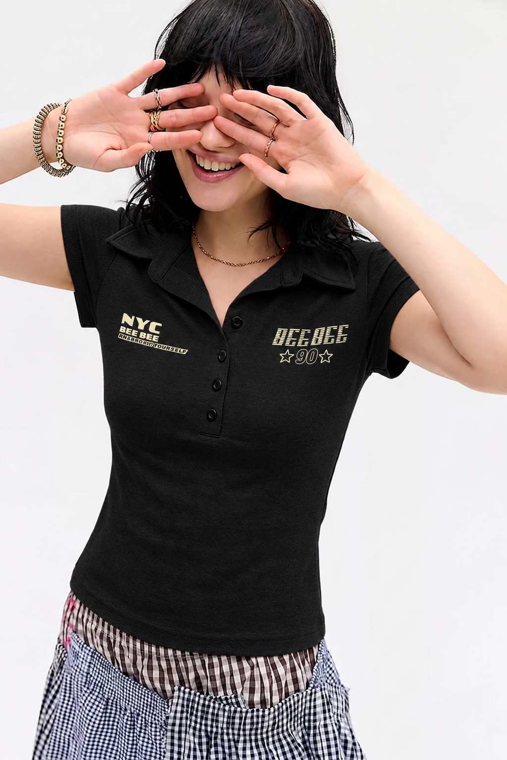 Women's Letter-Print Slim-Fit Short-Sleeve Polo T-Shirt