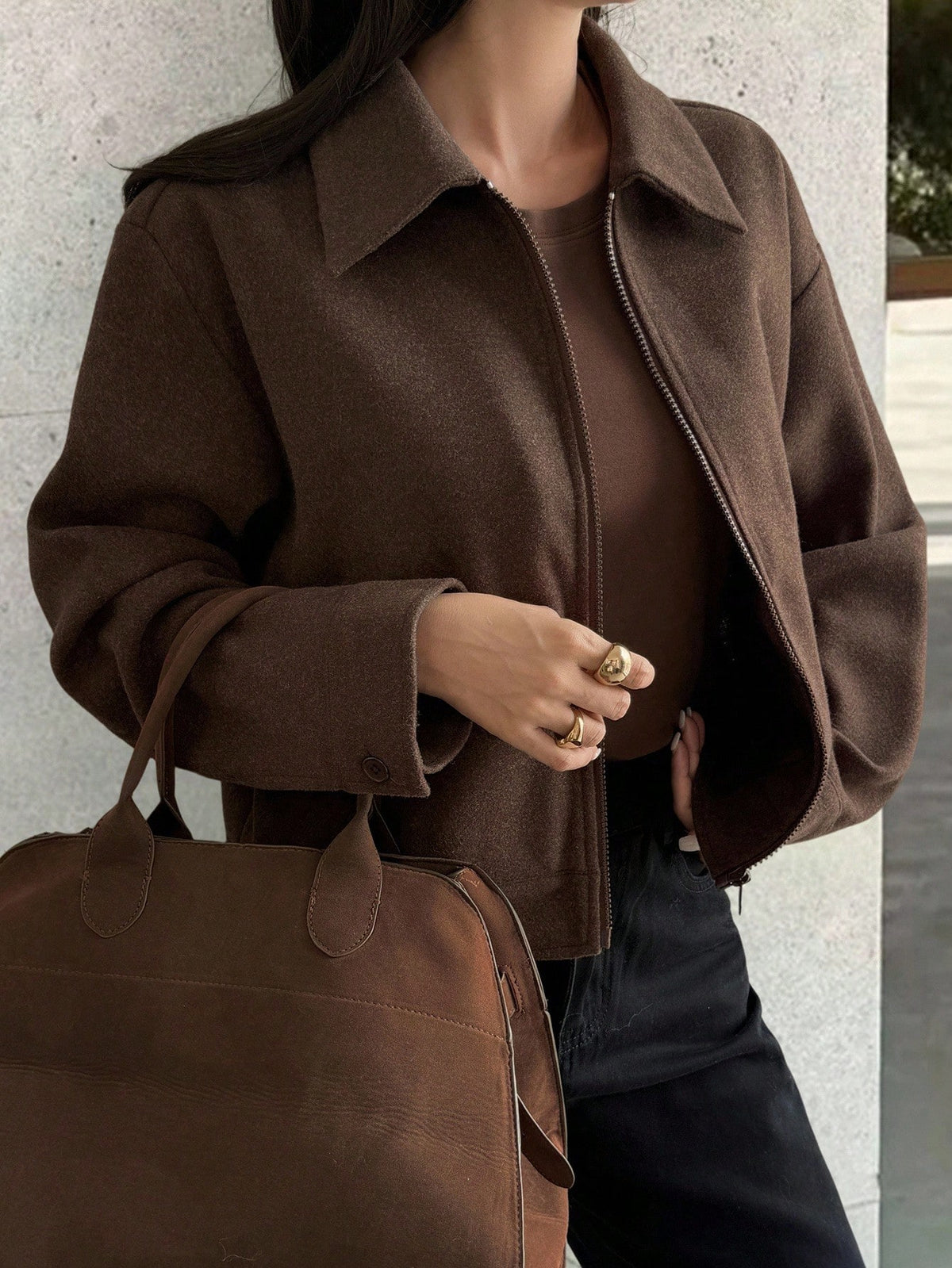 Women's Brown Collared Zip-Up Jacket with Large Pockets