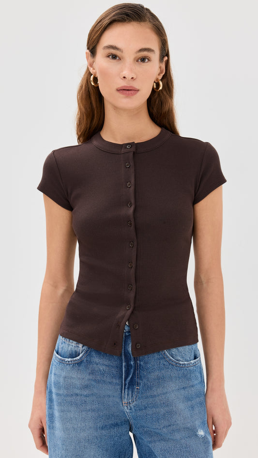 Ribbed Knit Cardigan - Stylish Solid Color T-Shirt with Full-Button Front and Ribbed Detailing, Perfect for Casual Wear