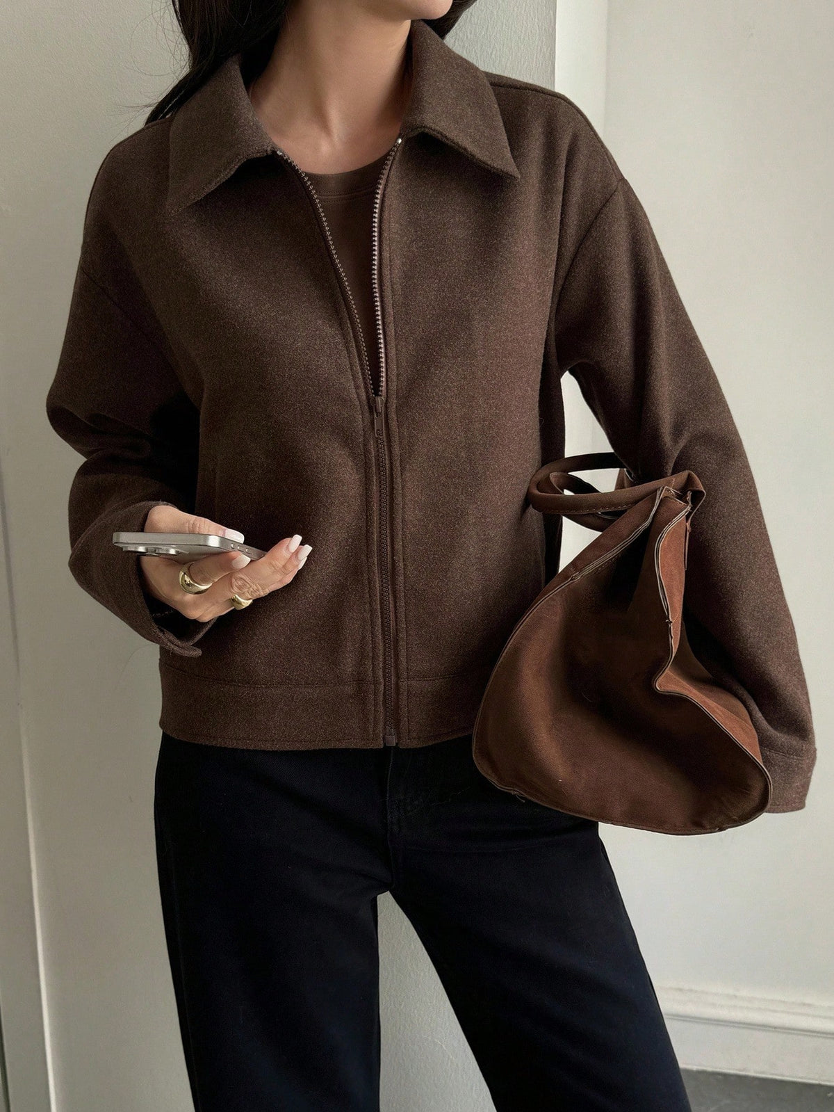 Women's Brown Collared Zip-Up Jacket with Large Pockets
