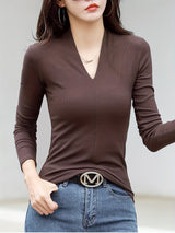 Casual Long Sleeve T-Shirt - Deep V-Neck Semi-Sheer Top