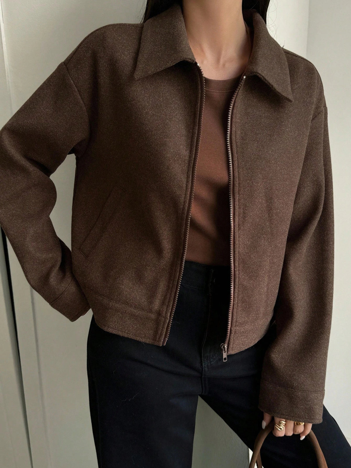 Women's Brown Collared Zip-Up Jacket with Large Pockets
