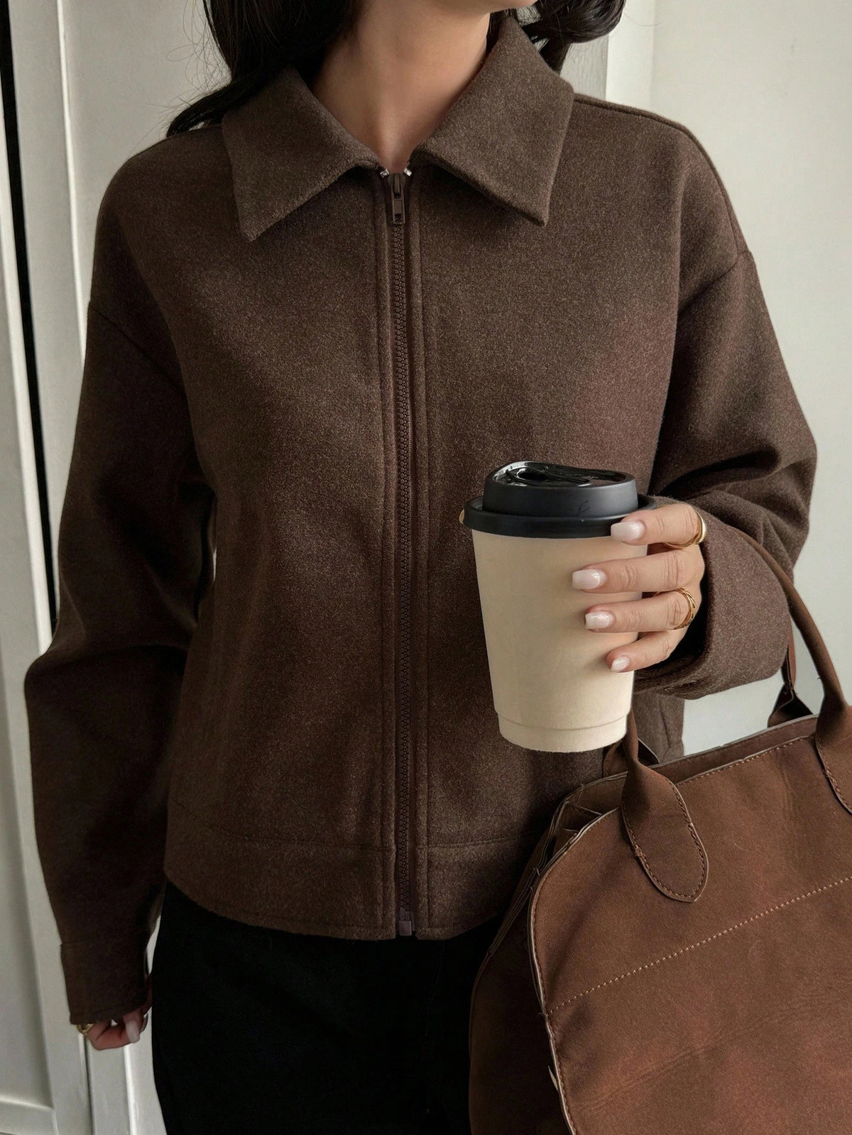 Women's Brown Collared Zip-Up Jacket with Large Pockets