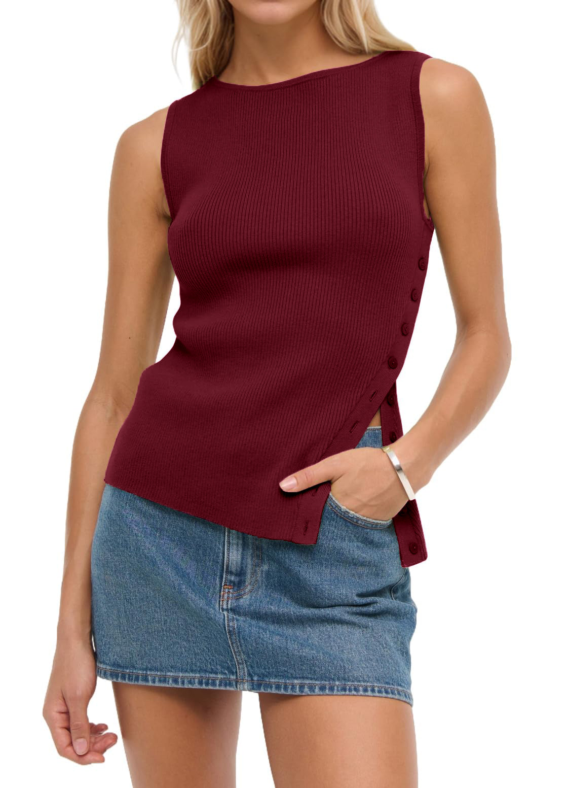 Sleeveless Button Knit Tank Top