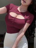 Hollow Out Slim Fit Round Neck Front Crop Tee