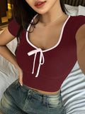Women's Wrapped Round Neck T-Shirt With Bow Knot