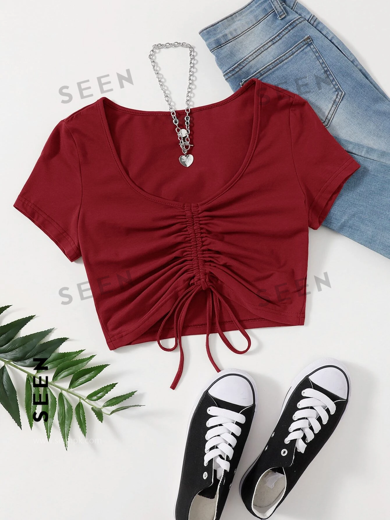 Solid Drawstring Ruched Tee
