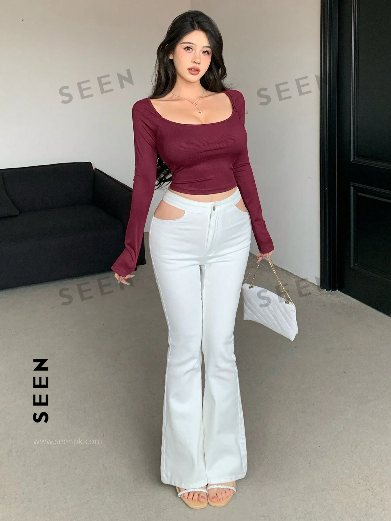 Women's Solid Color Square Neckline Long Sleeve Slim Fit T-Shirt