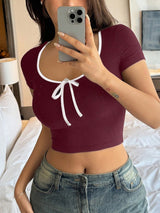 Women's Wrapped Round Neck T-Shirt With Bow Knot