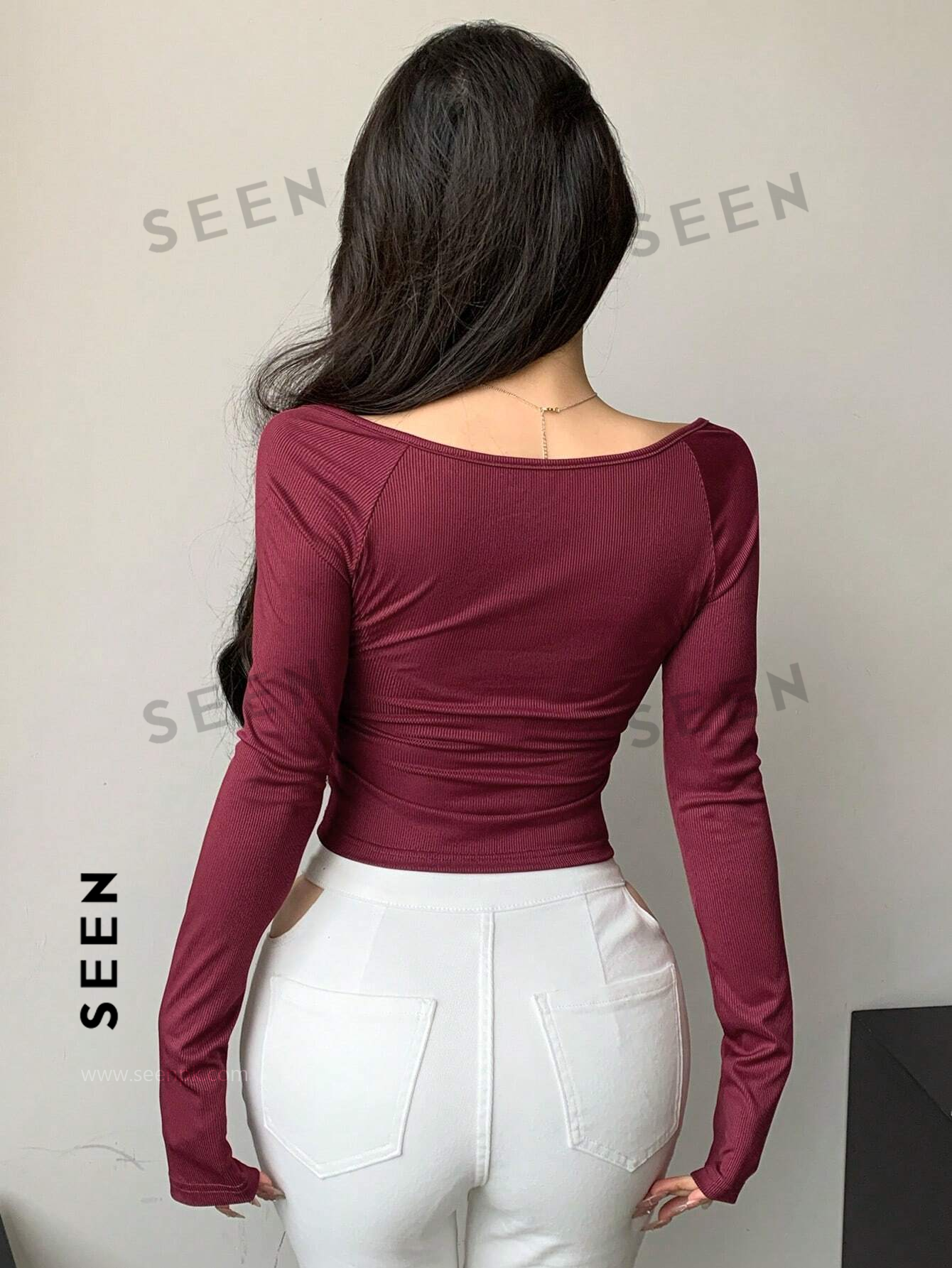 Women's Solid Color Square Neckline Long Sleeve Slim Fit T-Shirt