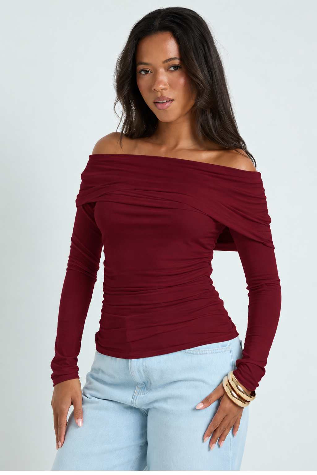 Women's Fold-Over Off-Shoulder Ruched Long-Sleeve Crop Top