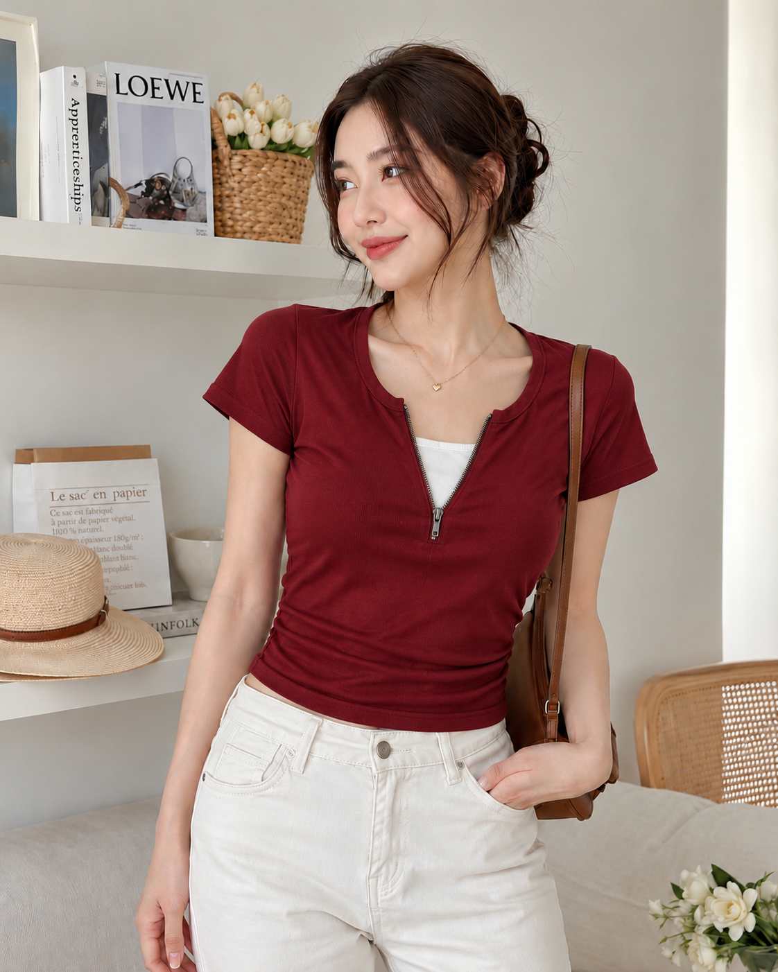 Women's Layered V-Neck Zip-Front Ruched Crop Top