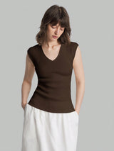 Solid Color Urban Chic Fashion Casual V-Neck Cap Sleeve Knit Blouse