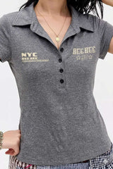 Letter Print Polo Collar Short Sleeve Casual T-Shirt