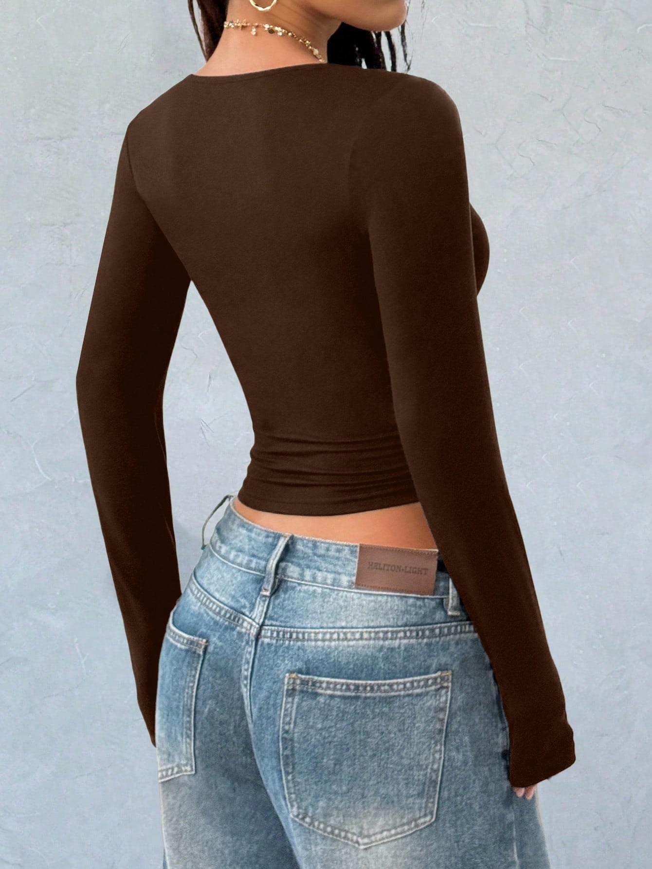 Petite Women's Solid Color Scoop Neck Lace Trim Fitted Casual Long Sleeve T-Shirt