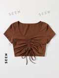 Solid Drawstring Ruched Tee