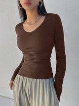 Solid Color Ribbed Slim Fit Long Sleeve T-Shirt