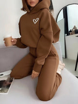 Heart Print Long Sleeve Cropped Hoodie And Drawstring Waist Pocketed Jogger Sweatpants 2 Pieces Set