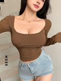 Women's Solid Color Square Neckline Long Sleeve Slim Fit T-Shirt