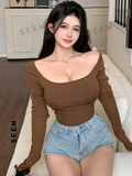 Women's Solid Color Square Neckline Long Sleeve Slim Fit T-Shirt