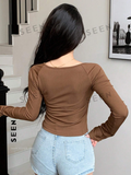 Women's Solid Color Square Neckline Long Sleeve Slim Fit T-Shirt