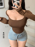 Women's Solid Color Square Neckline Long Sleeve Slim Fit T-Shirt