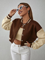 Drop Shoulder Two Tone Crop Varsity Jacket Fall Winter Cloth For Women