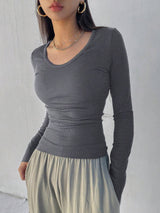 Solid Color Ribbed Slim Fit Long Sleeve T-Shirt