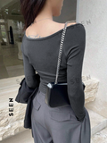 Women's Solid Color Square Neckline Long Sleeve Slim Fit T-Shirt