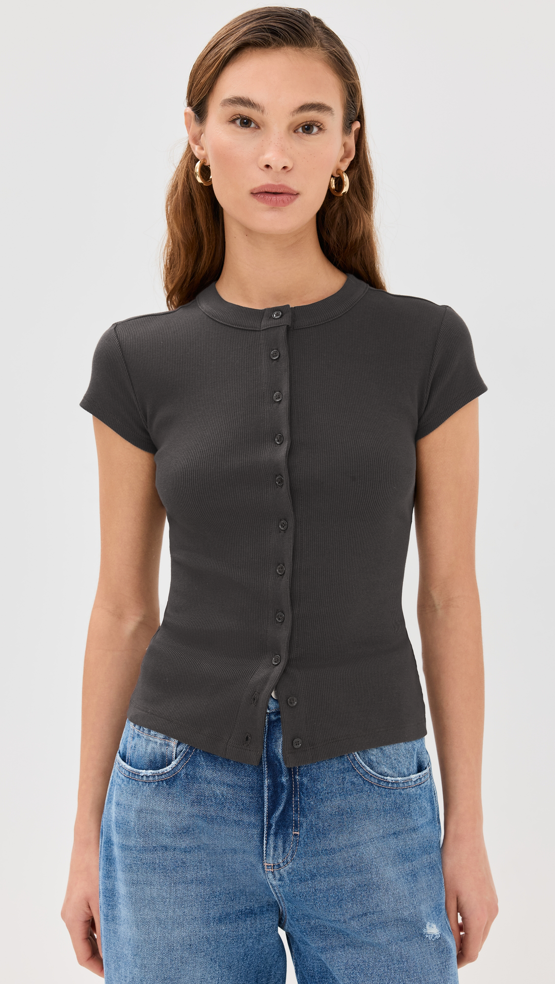 Ribbed Knit Cardigan - Stylish Solid Color T-Shirt with Full-Button Front and Ribbed Detailing, Perfect for Casual Wear