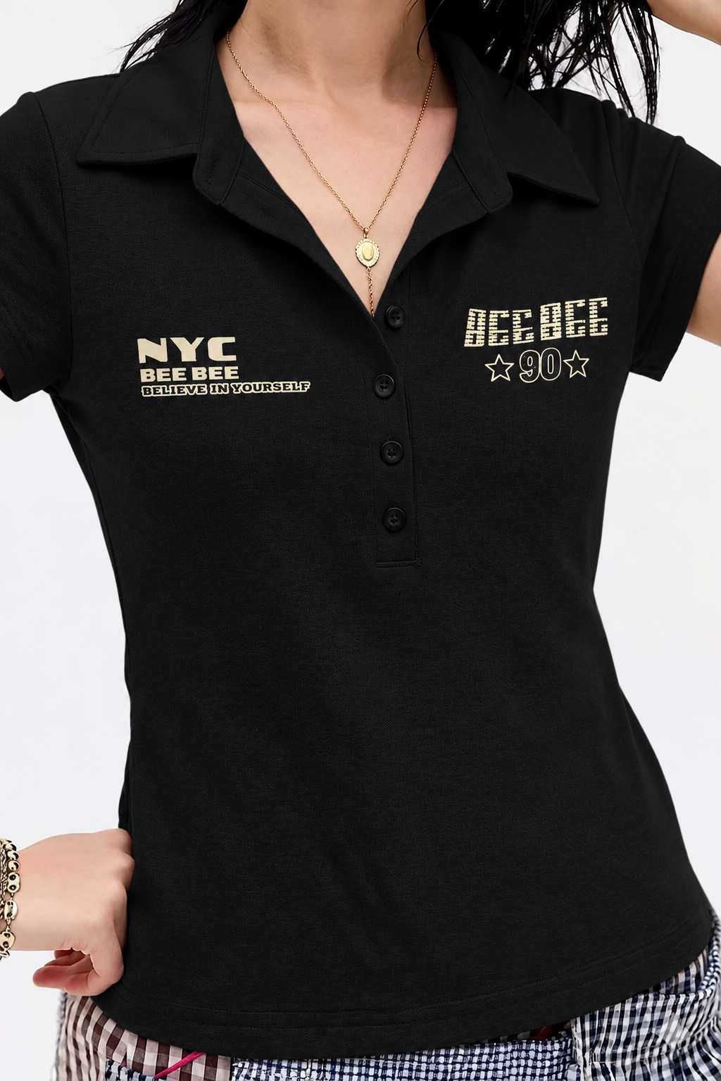 Women's Letter-Print Slim-Fit Short-Sleeve Polo T-Shirt