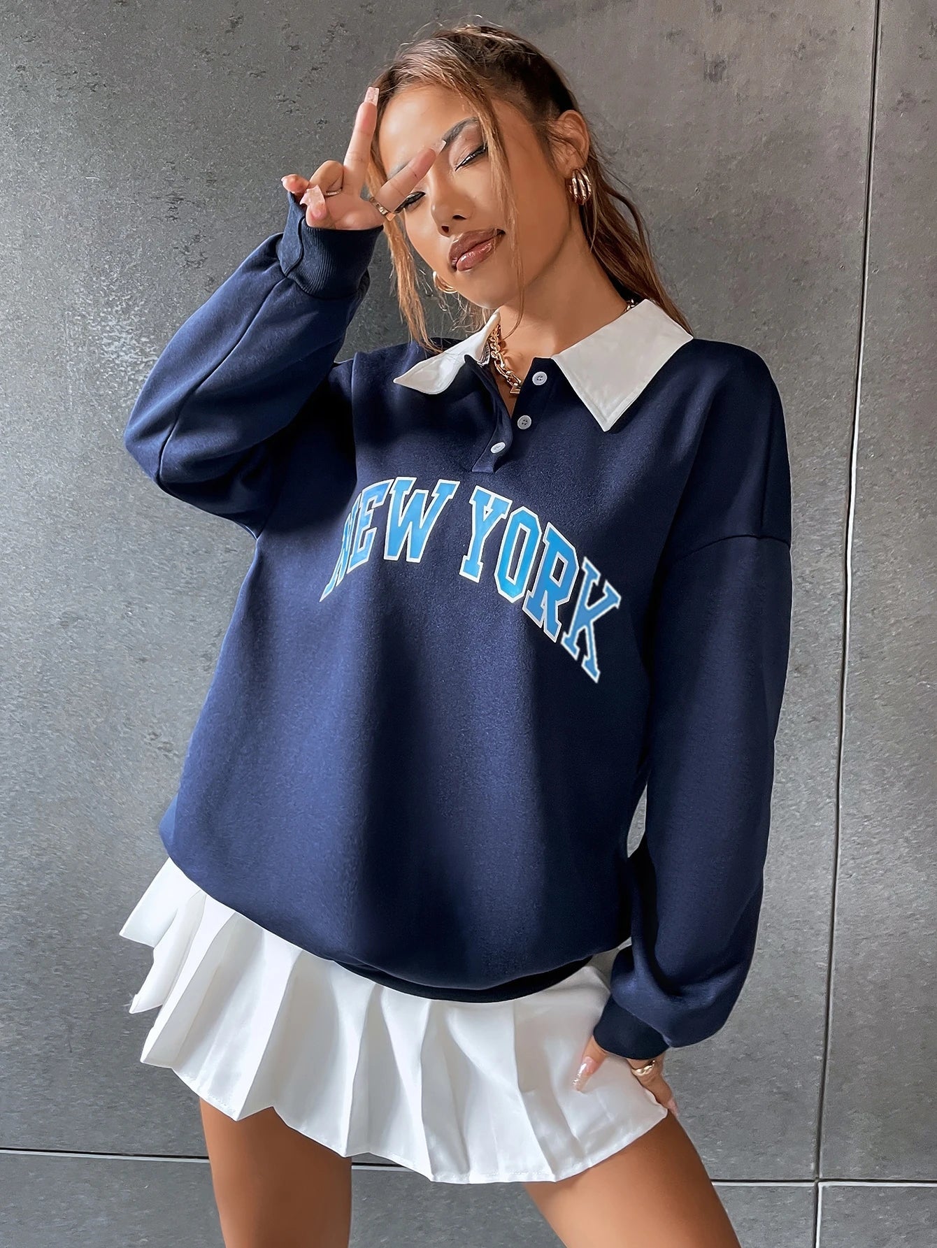 Polo Collar Drop Shoulder Letter Graphic Pullover, Long Sleeve Tops Fall Outfit