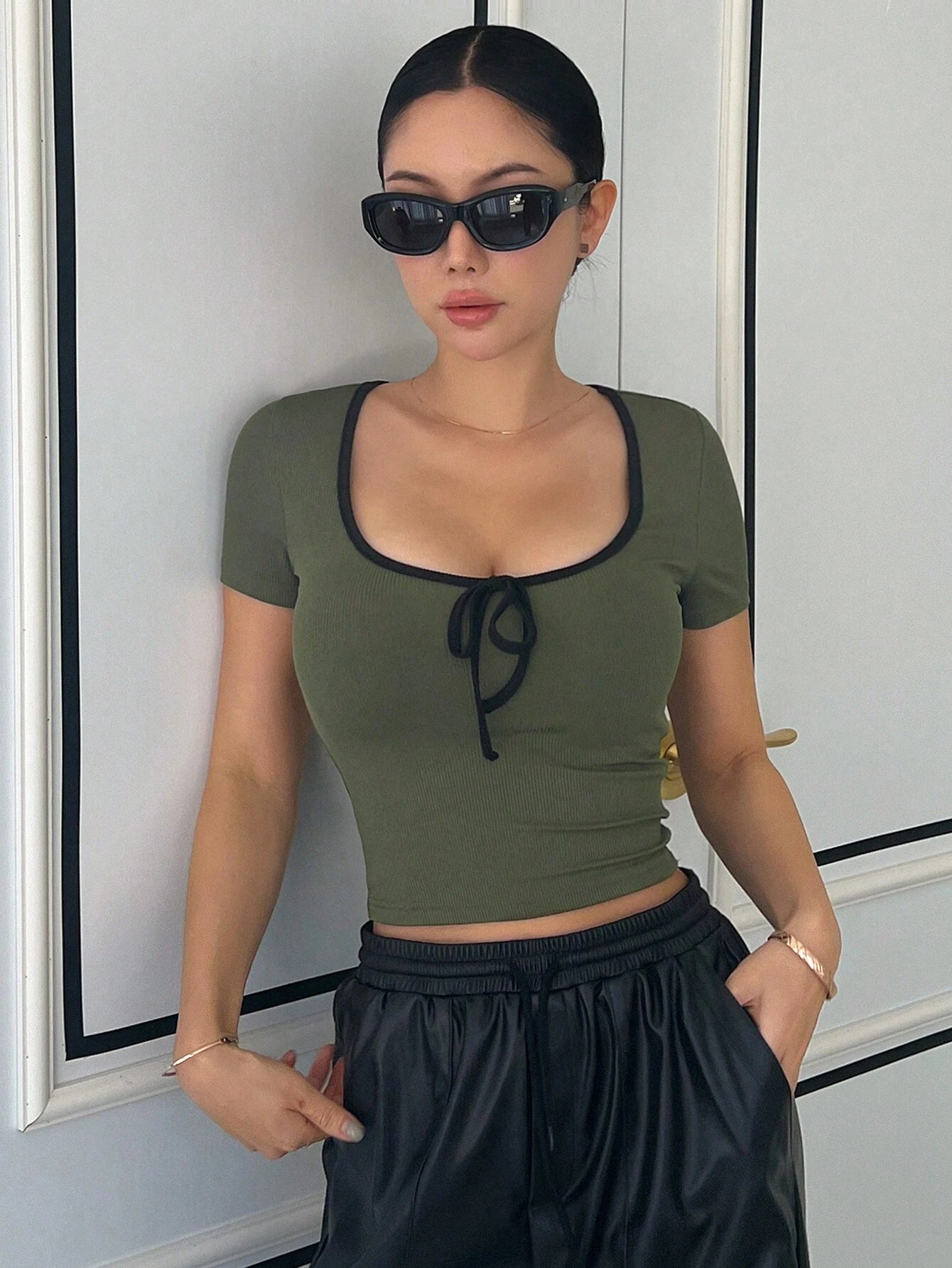 Women's Wrapped Round Neck T-Shirt With Bow Knot