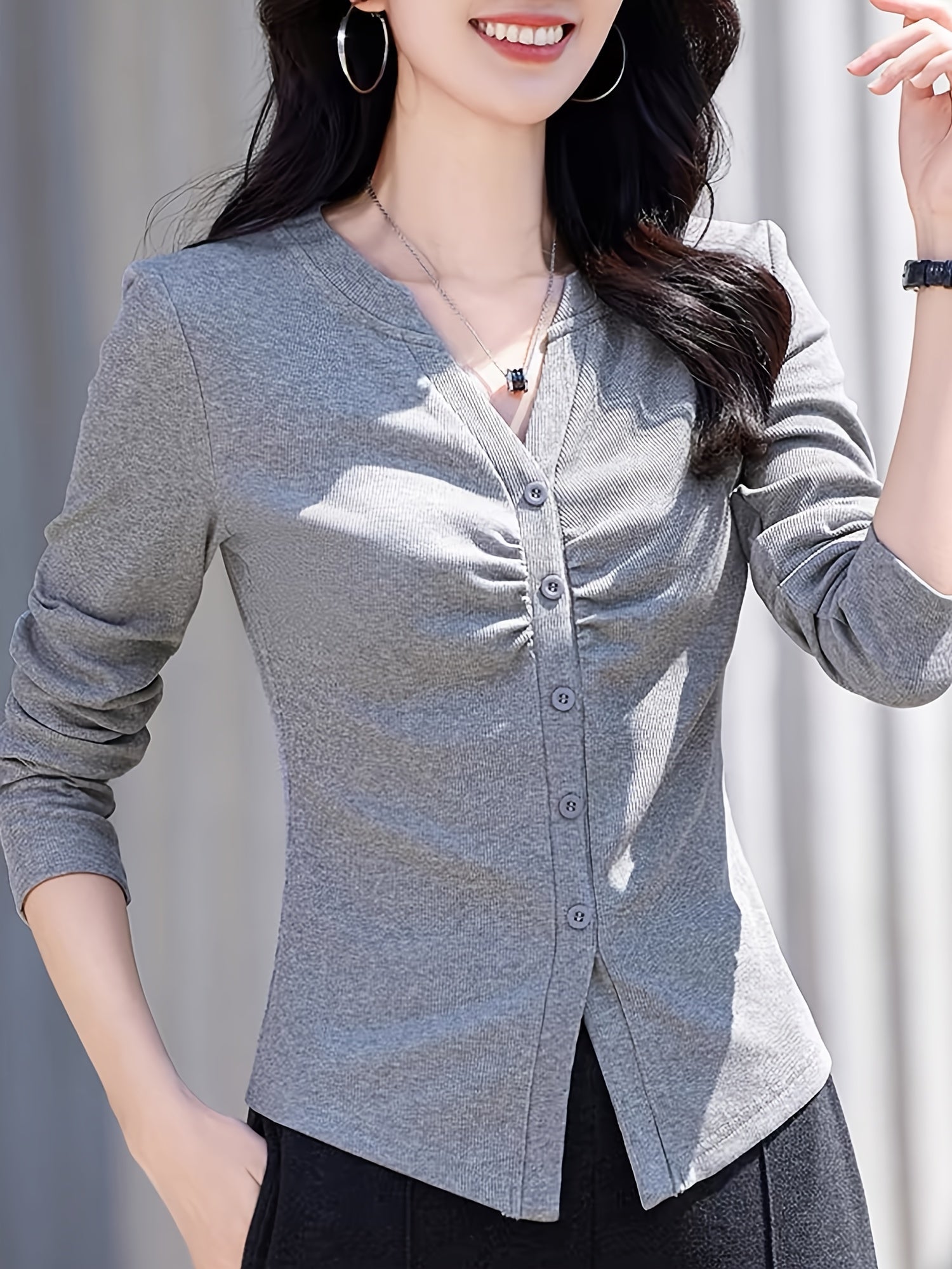Casual V-Neck Long Sleeve T-Shirt - High Elasticity Semi-Sheer Button-Up Top