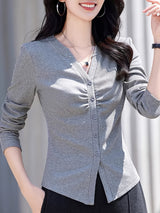 Casual V-Neck Long Sleeve T-Shirt - High Elasticity Semi-Sheer Button-Up Top