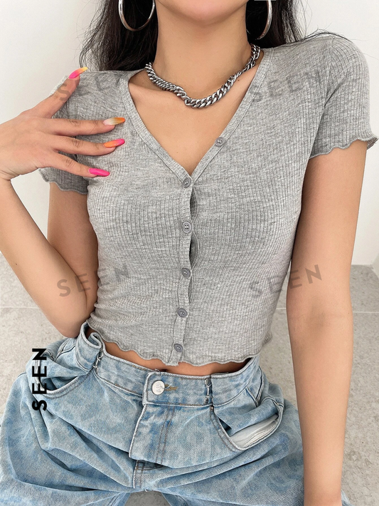 Button Front Rib-knit Crop Tee