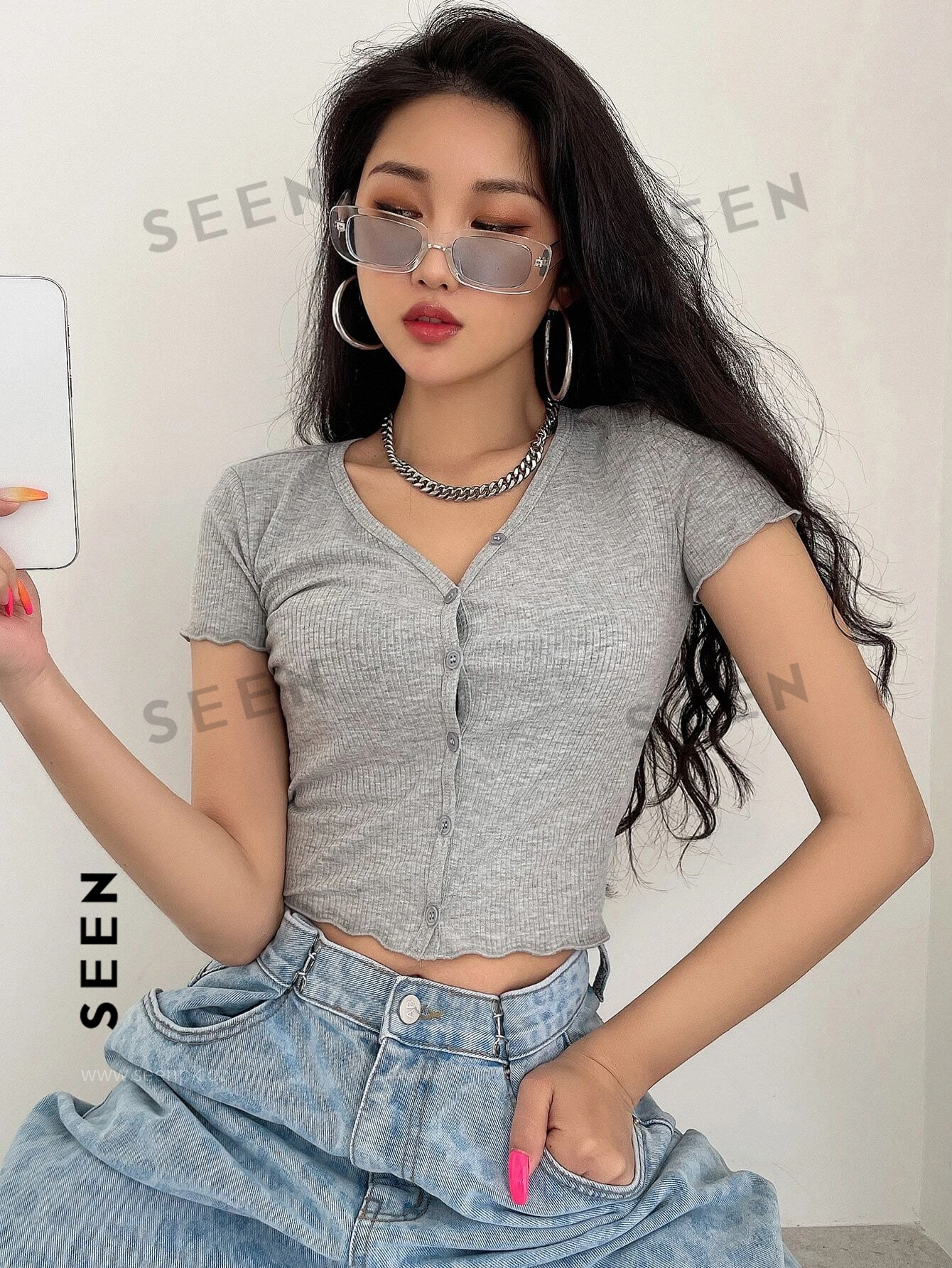 Button Front Rib-knit Crop Tee