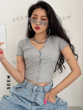 Button Front Rib-knit Crop Tee