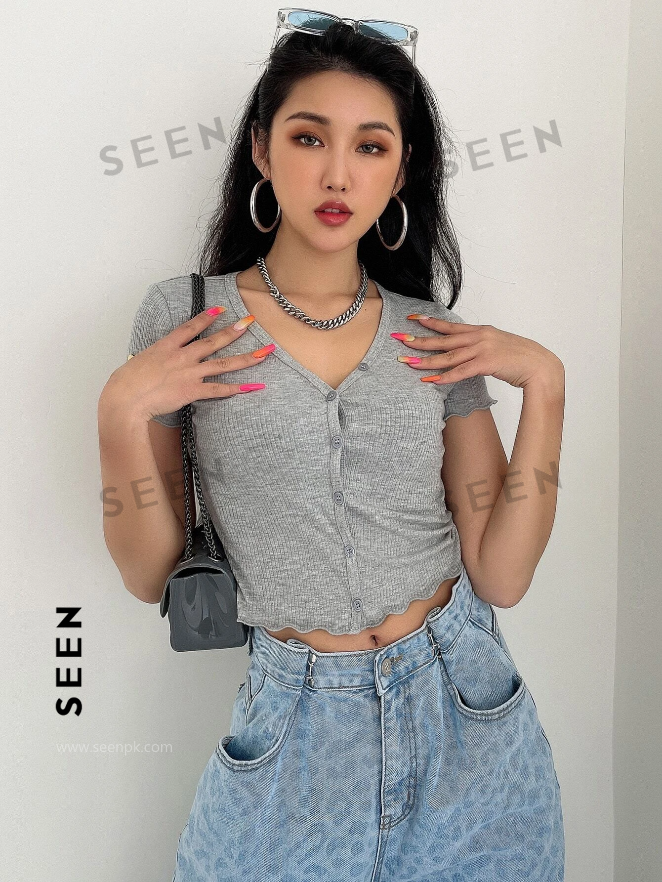 Button Front Rib-knit Crop Tee