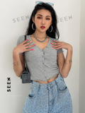 Button Front Rib-knit Crop Tee