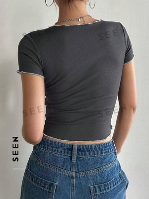 Women's Color Block Decor Crew Neck Cropped Slim Fit Short Sleeve T-Shirt in M front view – women t-shirt by SEEN