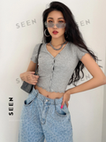 Button Front Rib-knit Crop Tee