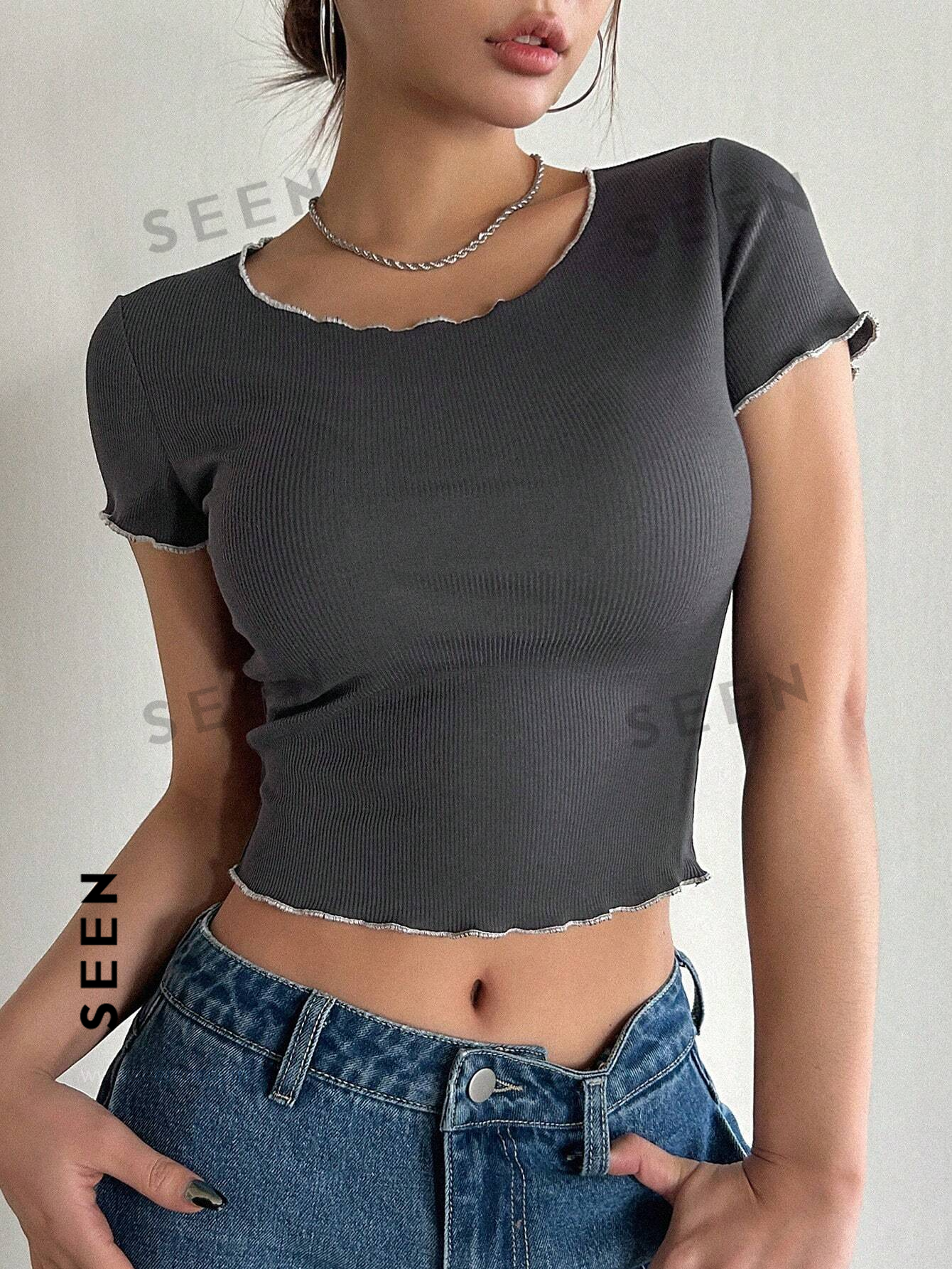 Women's Color Block Decor Crew Neck Cropped Slim Fit Short Sleeve T-Shirt in Grey 6 069340A1 3050 4Cd6 Affe E655A9017Dc front view – women t-shirt by SEEN