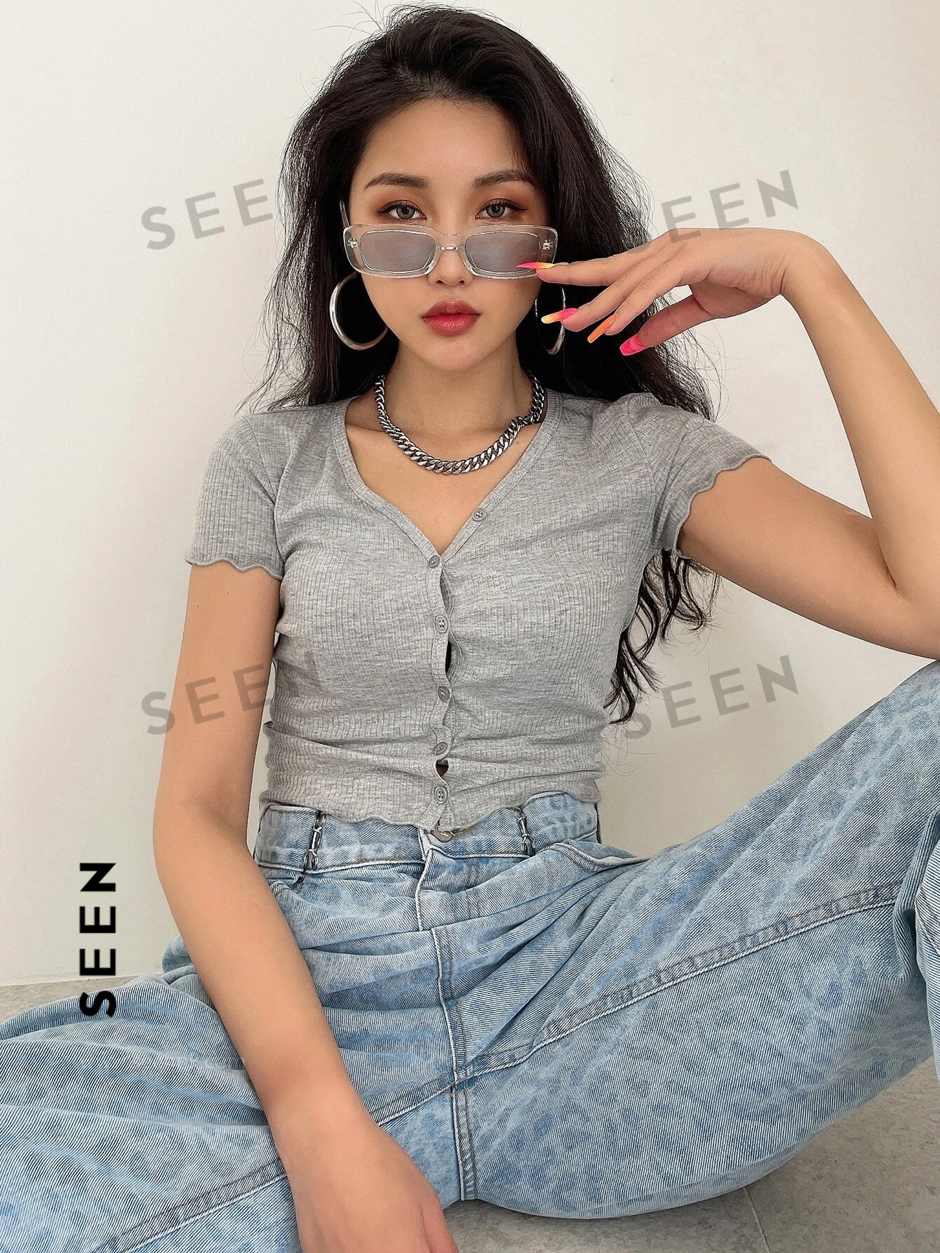 Button Front Rib-knit Crop Tee