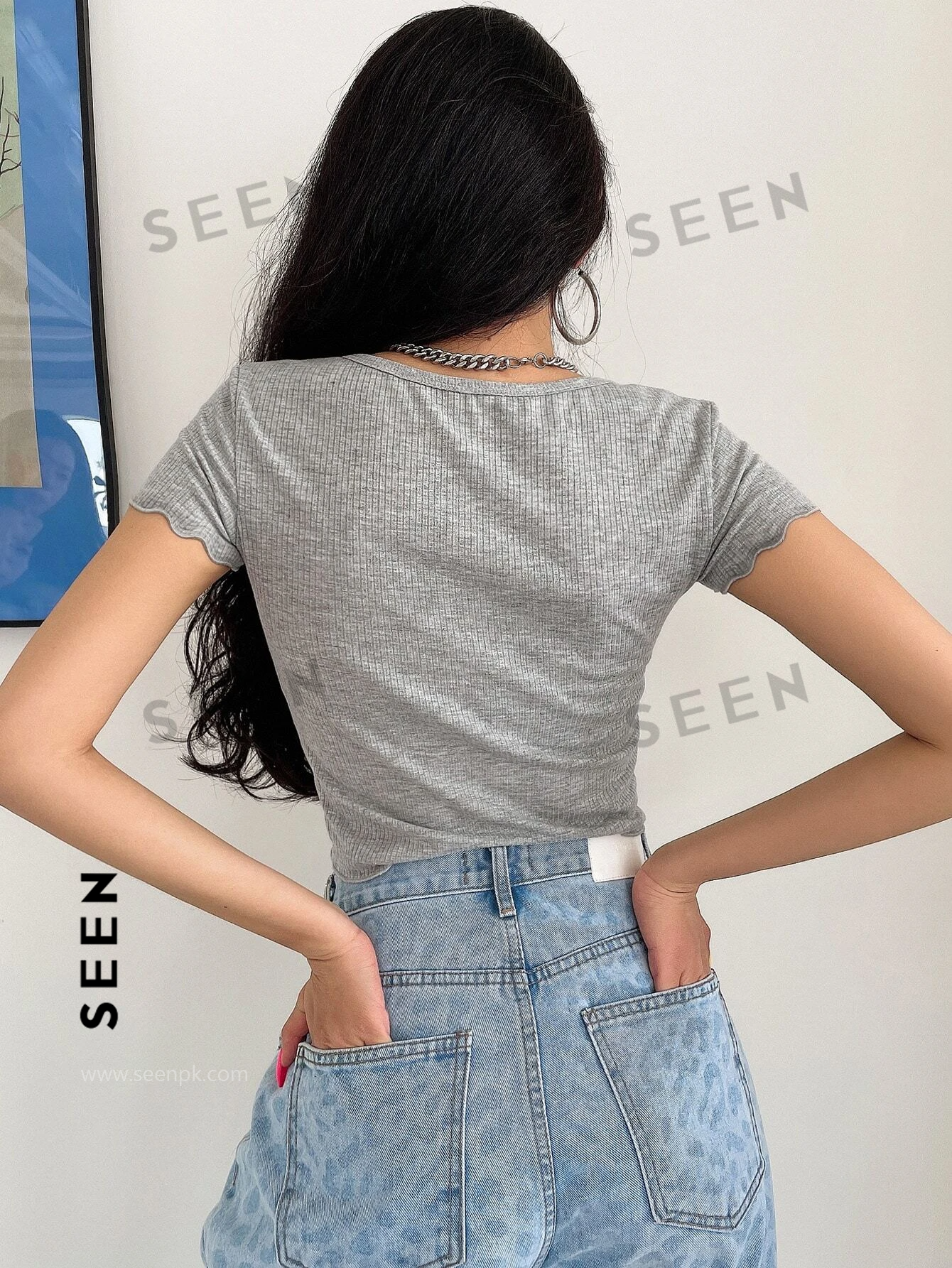 Button Front Rib-knit Crop Tee