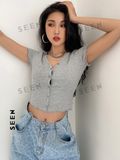 Button Front Rib-knit Crop Tee