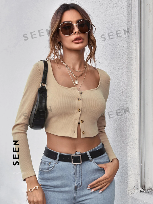 Neck Button Placket Rib-knit Tee